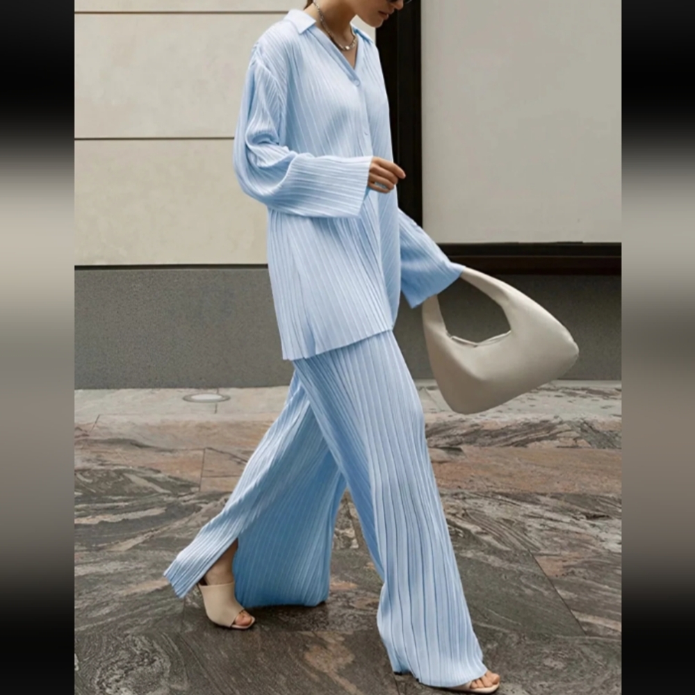 Commense Leisure Pleated 2pc Set sz L Blue Oversize Button Up Top Wide Leg Pants